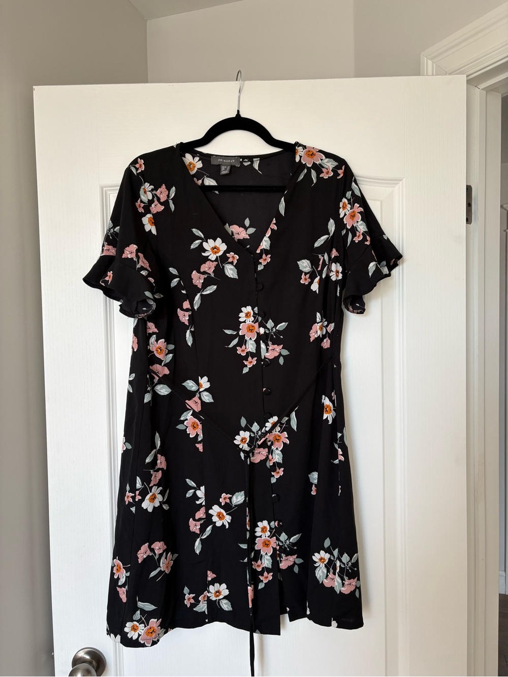 Primark Black Floral V-Neck Dress with Pink & White Flowers